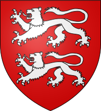 Coat of arms of John le Strange, Lord of Knockin, Gules, two lions passant Argent.. Strange of Knockyn arms.svg