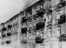 A man leaps to his death from the top story window of an apartment block to avoid capture. 23-25 Niska Street Stroop Report - Warsaw Ghetto Uprising - 26568.jpg