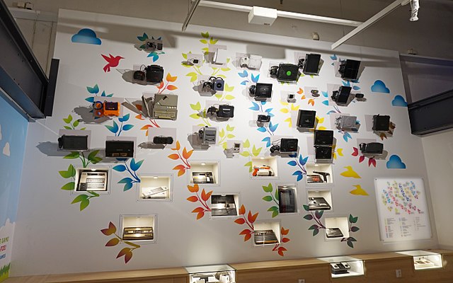A collection of home video game consoles, arranged in chronological order from bottom to top, at The Finnish Museum of Games, Tampere