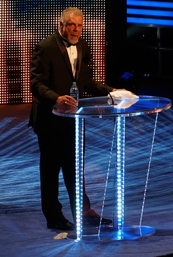Warrior during his speech of induction at the WWE Hall of Fame in April 2014