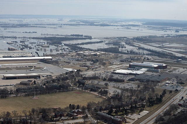 Aerial view of Offutt Air Force Base in Nebraska, flooded