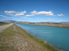 Most of Lake Tekapo's outflow is now carried by the Tekapo-Pukaki canal (pictured), instead of the Tekapo River. Tekapo-Pukaki canal.jpg