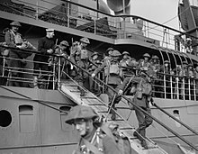 Men of the 2nd Battalion, Royal Inniskilling Fusiliers disembarking at Cherbourg, France, from the steamer 'Royal Sovereign', 16 September 1939. The British Army in France 1939 O3.jpg