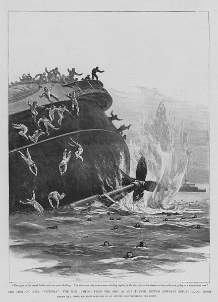 File:The Loss of HMS 'Victoria', the men jumping from the ship as she turned bottom upwards before going down - The Graphic 1893.jpg