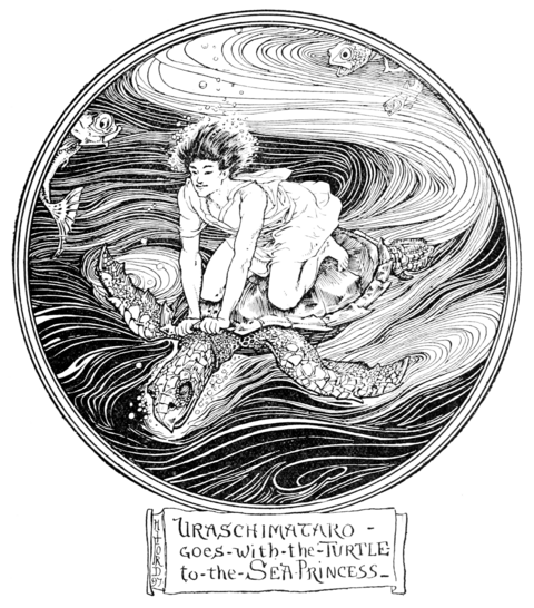 black and white illustration of a young man kneeling on the back of a large sea turtle underwater. He is gripping the edge of the shell and leaning forward. They are surrounded by swirling waves and the man's hair is blown back and there are bubbles around his head.