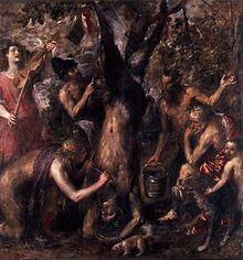 The Flaying of Marsyas after challenging Apollo. Painting by Titian. Titian - The Flaying of Marsyas - WGA22909.jpg