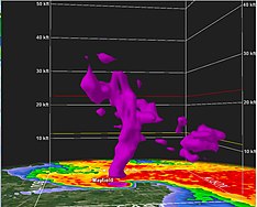 Radar 3D volume scan of the supercell showing debris lofted over 30,000 feet (9.1 km) in the air as the tornado struck Mayfield Tornadic Debris lofted over 30,000 feet.jpg