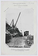 Torrent de Pontamafrey - Chantier de chomage. Arivee de la pierre au chantier par camionnette et chargement sur voie Decauville (Cliche Plagnat, N° 268, 7 Janvier 1938).jpg