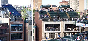 From left to right: stands beyond left field, stands beyond right field Tribunes sur les toits au Wrigley Field.JPG
