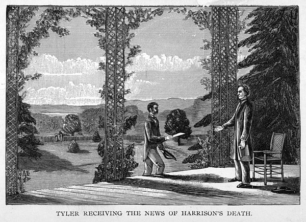 1888 illustration of John Tyler receiving the news of President William Henry Harrison's death from Chief Clerk of the State Department Fletcher Webst