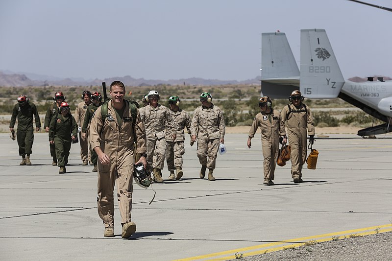 File:U.S. Marines supporting Weapons and Tactics Instructor (WTI) course 2-14 unload from an MV-22 Osprey during a Spider forward arming refueling point in support of Weapons and Tactics Instructor (WTI) course 2-14 140328-M-HY842-050.jpg