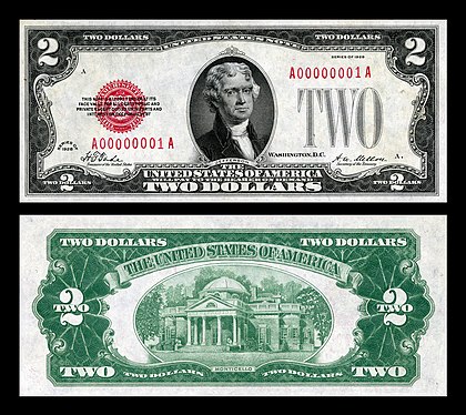 A Series 1928 $2 bill with the serial number A0000001A, kept as part of the National Numismatic Collection. US-$2-LT-1928-Fr.1501.jpg