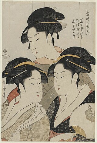 <i>Three Beauties of the Present Day</i> Colour woodblock print c. 1793 by Kitagawa Utamaro