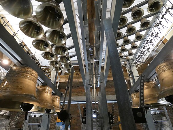 View of the bells and transmission system of the 49-bell Aarschot Peace Carillon [nl] in Belgium