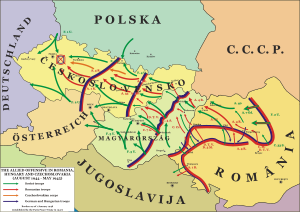Taistelut Transilvaniassa, Unkarissa ja Tšekkoslovakiassa (1944–1945); kartassa vuoden 1948 poliittiset rajat