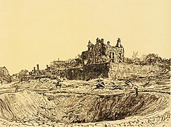 Le grand cratère à Athies (dessin de guerre de Muirhead Bone, 1918).