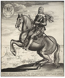 Robert Devereux depicted as Captain General on horseback, an engraving by Wenceslas Hollar Wenceslas Hollar - Earl of Essex on horseback (State 2).jpg