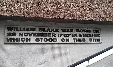 Memorial marking Blake's birthplace in Soho, City of Westminster