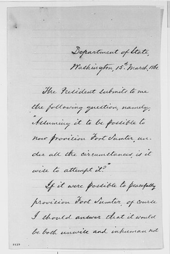 Letter from William H. Seward advising President Lincoln on the obstacles in resupplying Fort Sumter, March 1861