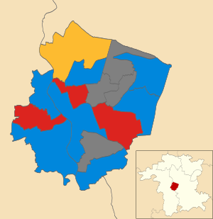 Map of the results of the 2007 Worcester council election. Conservatives in blue, Labour in red and Liberal Democrats in yellow. Wards in grey were not contested in 2007. Worcester UK local election 2007 map.svg