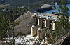 Wyangala Dam wall spillway, with village in the background