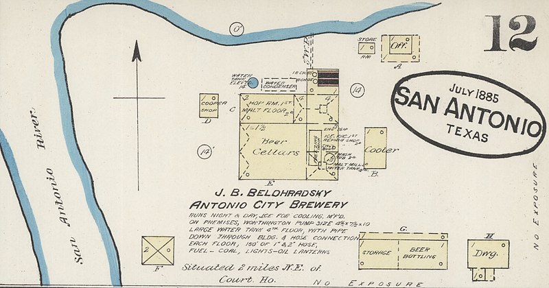 File:"J. B. BELOHRADSKY ANTONIO CITY BREWERY in July 1885 map detail, Sanborn Fire Insurance Map from San Antonio, Bexar County, Texas. LOC sanborn08740 001-12 (cropped).jpg