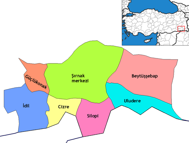 Mapa dos distritos da província de Şırnak