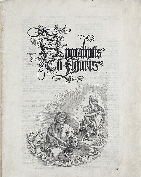 File:01. Albrecht Dürer, Apokalypsa, Titulní list- Panna Marie se zjevuje sv. Janovi, Národní galerie v Praze.jpg