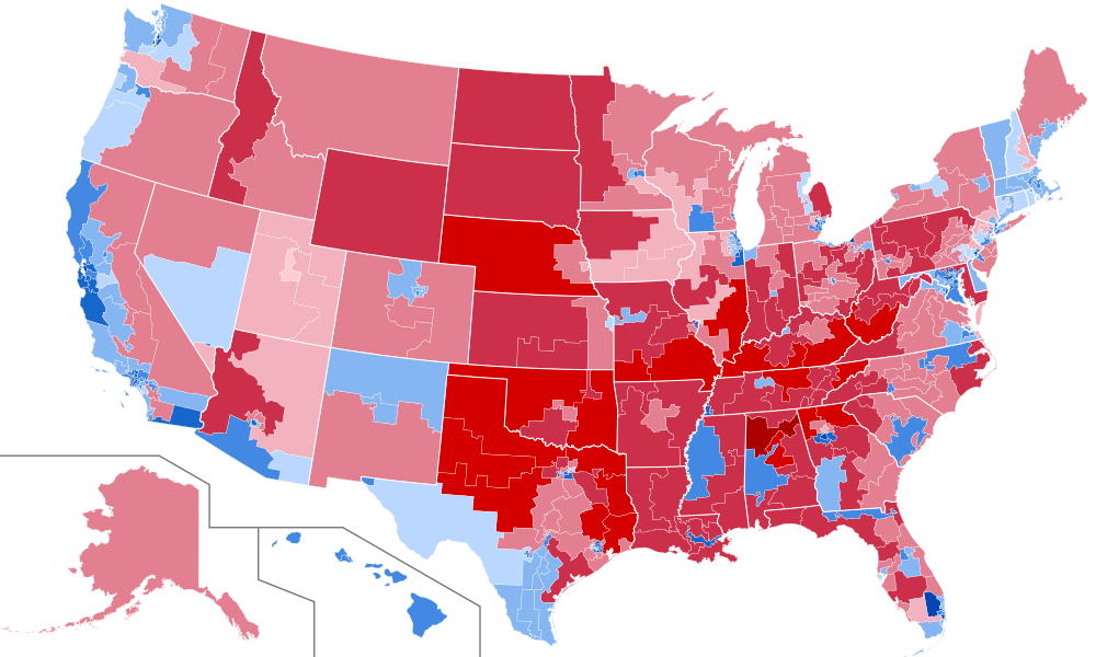 Results of election by congressional district, shaded by winning candidate's percentage of the vote