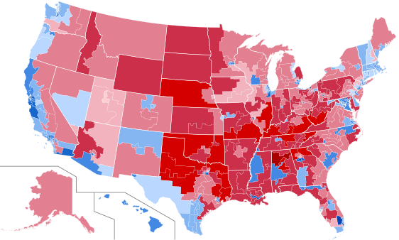 Results of 2016 U.S. presidential election by congressional district, shaded by vote margin.