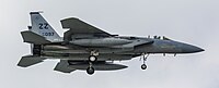 A US Air Force F-15C Eagle, tail number 85-0097, on final approach at Kadena Air Base in Okinawa, Japan. It is assigned to the 44th Fighter Squadron at Kadena AB.