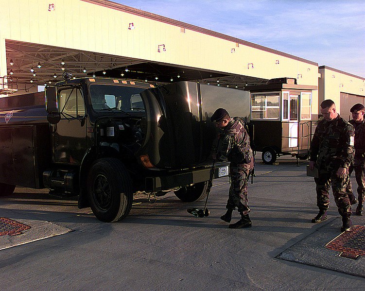 File:509th Security Force Squadron personnel use an under-vehicle mirror to inspect beneath vehicles entering and leaving the priority-A area around the B-2 Spirit, stealth bomber hangar - DPLA - efabbdcf450a6577dfeefc0484868b69.jpeg