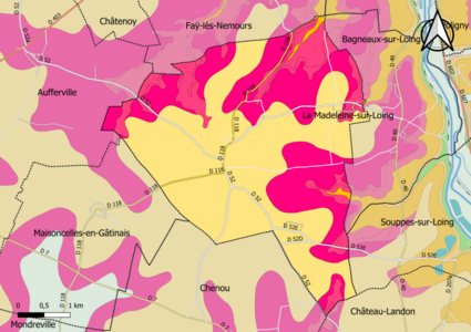 Carte montrant en couleurs le zonage géologique simplifié d'une commune