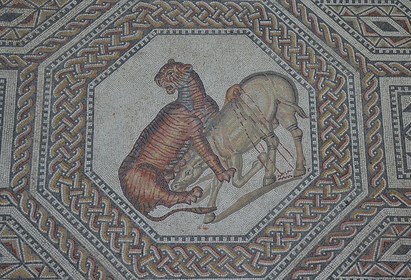 File:A tiger against a wild ass, the gladiator mosaic at the Roman villa in Nennig, Germany (9288855087).jpg