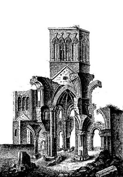 A 19th-century print of the ruins of Montebourg Abbey in Normandy where Richard de Redvers was buried in 1107