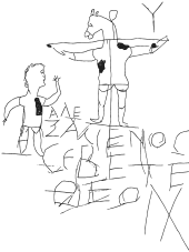 Drawing of the Alexamenos graffito, c. 200 AlexGraffito.svg