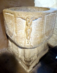 The Dale Abbey font, mid 15th century, now in All Saints' Church, Dale Abbey. All Saints Dale Abbey font 01.jpg