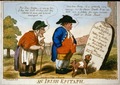 English caricature, at the expense of the supposed illogicality of the Irish, showing porcine man, old woman and dog looking at tombstone.