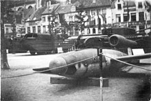 Captured V-1 displayed at Antwerp at the end of World War II. Antwerp V-1-2.jpg
