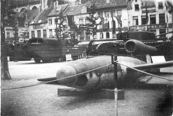 Captured V-1 displayed at Antwerp at the end of World War II.