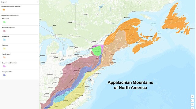 Appalachian Mountains broken down by physiographic division, provinces, and sections