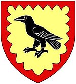 Arms of Corbet of Chaddesley Corbett: Or a raven proper within a bordure engrailed gules. ArmsOfCorbetOfChadesleyCorbet.JPG