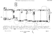 Drawing of the plan of the segmented gallery grave at La Roche-aux-Fees in France. Capstones (forming the ceiling) are represented by dotted lines. Bezier - Plan de la roche-aux-fees.png