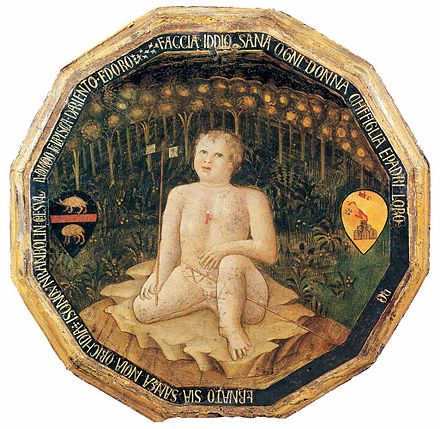 Bartolomeo di Fruosino, 1420, typical verso of a desco da parto, with heraldry and a baby boy urinating