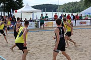 Deutsch: Beachhandball Europameisterschaften 2019 (Beach handball Euro); Tag 2: 3. Juli 2019 – Männer, Vorrunde Gruppe B, Russland-Dänemark 2:0 (22:16, 21:17) English: Beach handball Euro; Day 2: 3 July 2019 – Women Preliminary Round Group A – Men Preliminary Round Group B – Russia-Denmark 2:0 (22:16, 21:17)