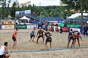 Deutsch: Beachhandball Europameisterschaften 2019 (Beach handball Euro); Tag 2: 3. Juli 2019 – Männer, Vorrunde Gruppe A, Türkei-Spanien 0:2 (16:23, 20:29) English: Beach handball Euro; Day 2: 3 July 2019 – Men Preliminary Round Group A – Turkey-Spain 0:2 (16:23, 20:29)