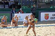 Deutsch: Beachhandball Europameisterschaften 2019 (Beach handball Euro); Tag 2: 3. Juli 2019 – Frauen, Vorrunde Gruppe C, Spanien-Griechenland 2:1 (12:20, 18:16; 8:2) English: Beach handball Euro; Day 2: 3 July 2019 – Women Preliminary Round Group C – Spain-Greece 2:1 (12:20, 18:16; 8:2)