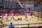 Deutsch: Beachhandball bei den Olympischen Jugendspielen 2018; Tag 4, 10. Oktober 2018; Jungs, Vorrunde, Gruppe A - Spanien-Venezuela 2:0 English: Beach handball at the 2018 Summer Youth Olympics at 10 October 2018 – Boys Preliminary Round Group A – Spain-Venezuela 2:0