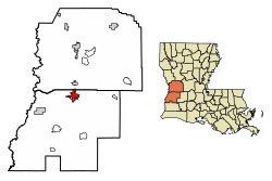 Location of DeRidder in Beauregard Parish (south) and Vernon Parish (north), Louisiana.