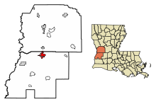 Beauregard Parish Louisiana Sisällytetyt ja rekisteröimättömät alueet DeRidder Highlighted.svg